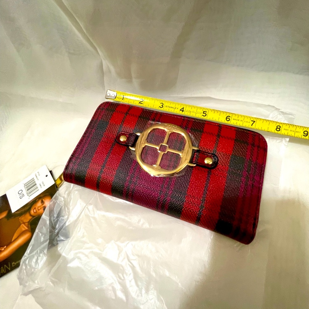 Iman Global Chic Zip Around Wallet - Cranberry/Black Plaid NWT